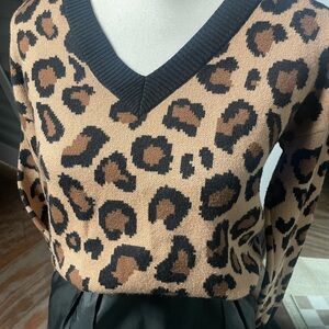 Tahari Black and Brown Leopard V-Neck Sweater